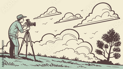 Photographer with camera on tripod taking nature landscape photo cloudy sky birds flying outdoor scene vector illustration.