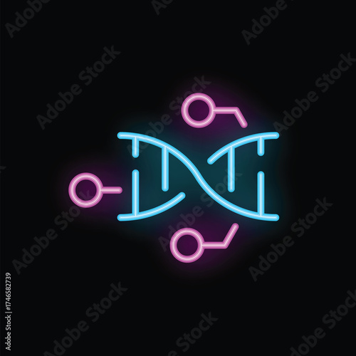 Neon icon of a blue dna strand being altered with pink technology connections