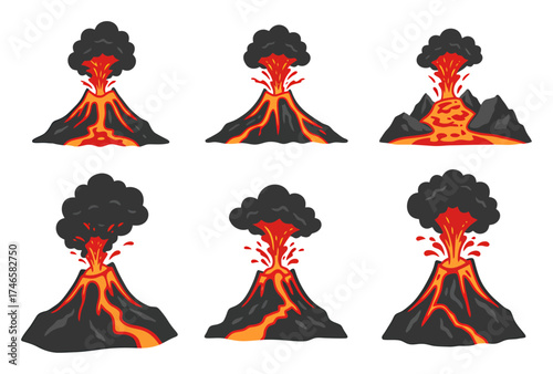 Volcano Eruption Icons - Lava Flow, Ash Cloud, Geological Symbols