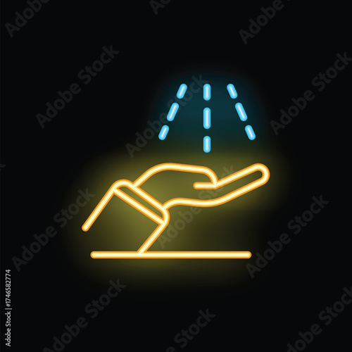 Bright neon icon of a hand catching falling lines, representing concepts such as data collection or receiving information
