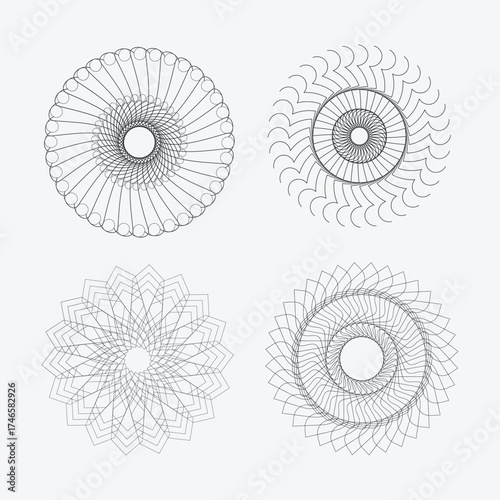 Guilloche rosette vector set with floral circular decorative patterns