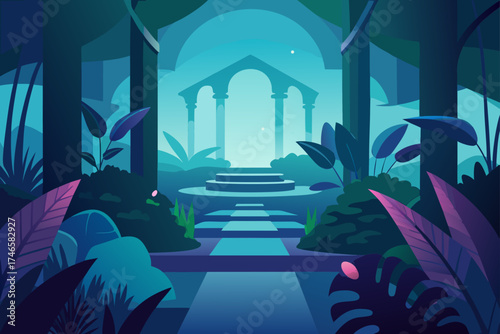 Enchanting surreal jungle temple with ancient architecture and lush foliage under a mystical twilight sky