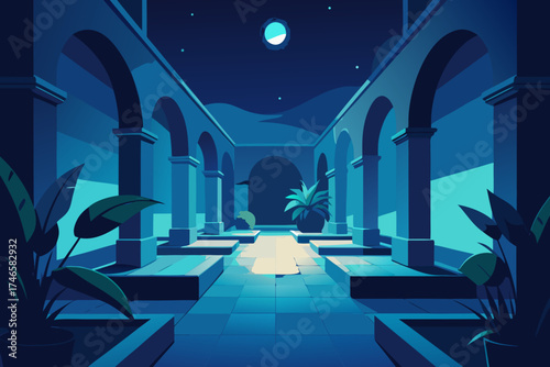 Serene courtyard illuminated by moonlight with architectural arches and lush potted plants creating a tranquil nighttime scene