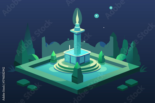 Stylized isometric illustration of a glowing monument with a flame at its apex surrounded by trees and a tranquil pool at night