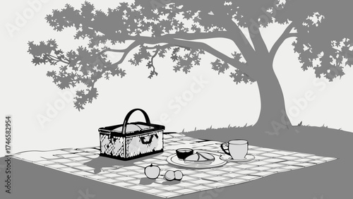 Picnic basket under a tree outdoor summer lunch checkered blanket grayscale illustration.