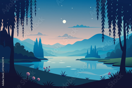 Serene twilight landscape with layered blue mountains a calm lake reflecting the sky and silhouetted trees and flowers