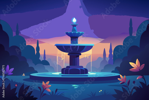 Enchanting twilight garden scene featuring a glowing blue fountain surrounded by lush foliage and distant mystical silhouettes under a vibrant purple sky