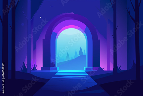 Mysterious glowing archway portal in a dark forest with purple and blue neon lights leading to a serene landscape