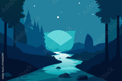 Serene night landscape with a winding river flowing through a forest valley under a starry sky