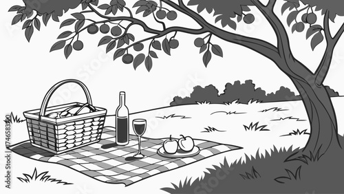 Picnic basket under a tree wine fruit checkered blanket outdoor scene summer illustration.