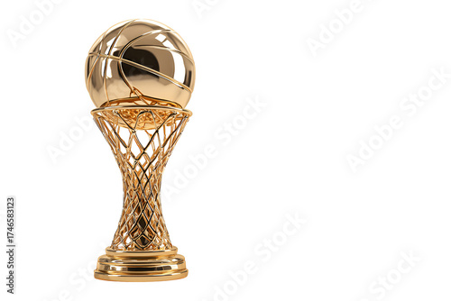 Golden basketball trophy with net stand isolated on transparent background