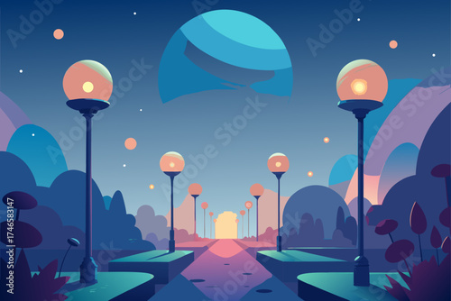 Surreal alien planet landscape with glowing streetlights and a large celestial body in the twilight sky