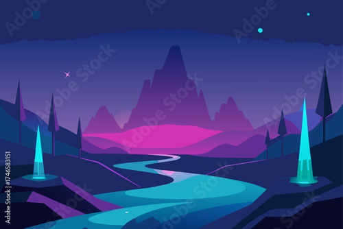 Surreal alien landscape with glowing turquoise obelisks and a winding river under a vibrant purple and pink sky