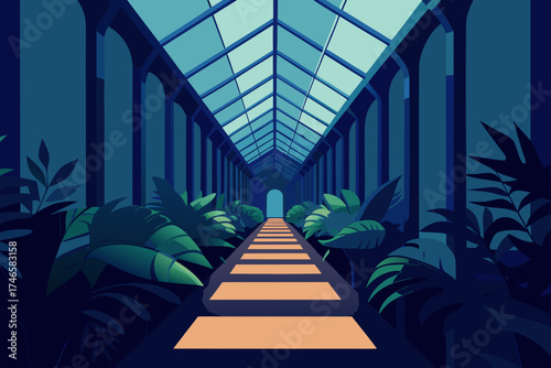 A digital illustration of a long greenhouse walkway with lush green plants and a glass ceiling creating a symmetrical perspective
