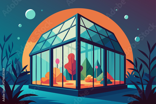 Vibrant geometric greenhouse structure illuminated by a warm sunset glow surrounded by stylized foliage and celestial orbs