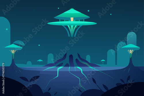 Alien landscape with futuristic structures and bioluminescent flora under a dark night sky