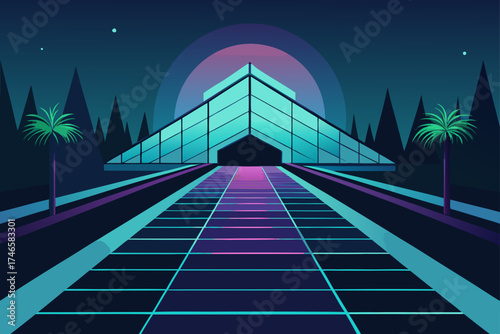 Retro futuristic cityscape at night with a geometric building and glowing grid road leading to the entrance