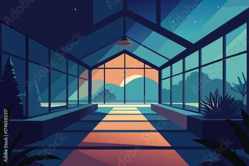 Serene greenhouse interior with large glass windows showcasing a colorful sunset over rolling hills and distant mountains
