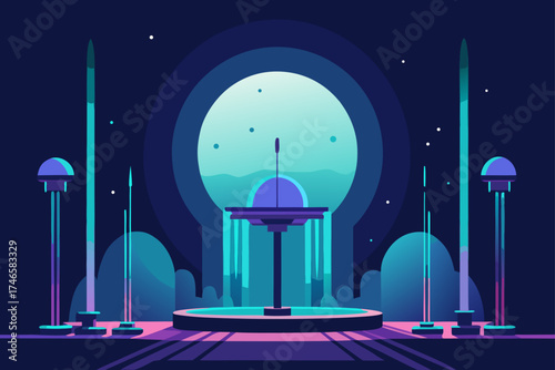 Futuristic alien cityscape with glowing neon lights and towering structures under a starry night sky