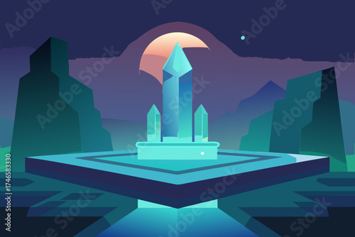 Mysterious glowing crystal structure on a platform in a surreal alien landscape at twilight with a large moon