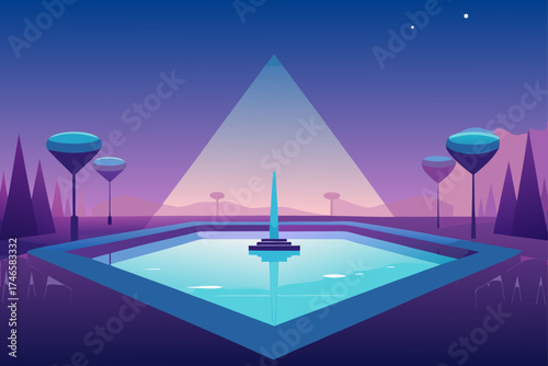 Futuristic alien landscape with a glowing pyramid and water fountain surrounded by strange flora under a starry night sky
