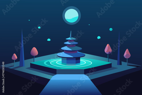 Serene futuristic pagoda illuminated by a glowing moon and surrounded by abstract trees under a dark night sky