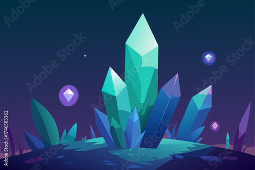 Vibrant glowing crystals and otherworldly plants emerge from a dark alien landscape under a deep purple sky
