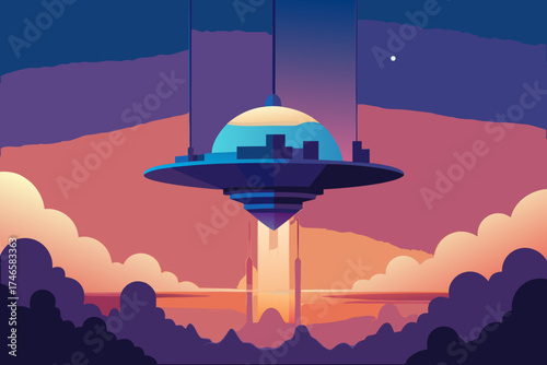 Futuristic alien spaceship hovering over a serene alien landscape at sunset with glowing lights and distant mountains