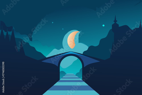 Enchanting minimalist night landscape with a crescent moon over a bridge leading to a mysterious pathway