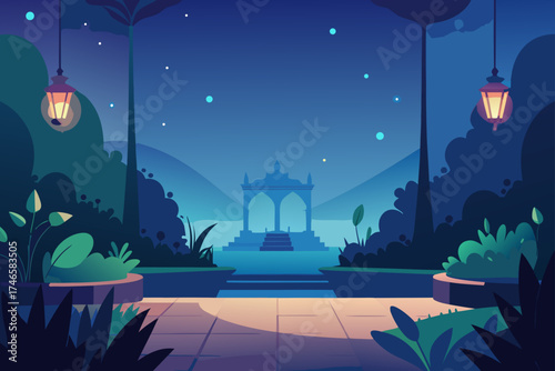 Enchanting nighttime garden scene with illuminated lanterns and a distant ornate pavilion under a starry sky