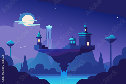 Surreal floating islands with futuristic architecture and glowing lights under a starry night sky and moon