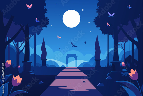 Enchanting night garden scene with a moonlit path leading to an ancient archway surrounded by trees and butterflies