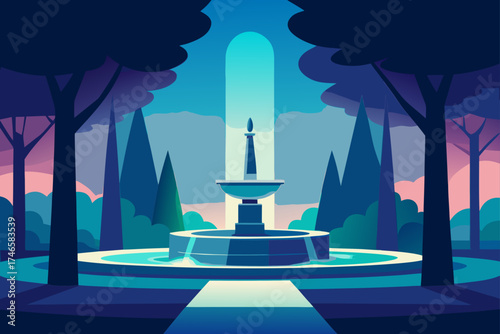 Tranquil blue fountain illuminated by ethereal light in a stylized forest garden at twilight