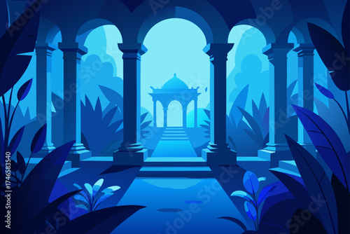 Serene blue courtyard with ancient architecture and lush foliage leading to a distant pavilion