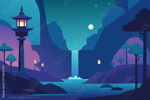 Serene twilight landscape with a cascading waterfall and a traditional asian pagoda lantern illuminating the tranquil water