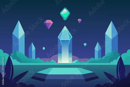 Mystical glowing crystals illuminate a surreal landscape with geometric shapes and vibrant foliage under a dark starry sky