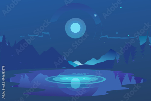 Serene minimalist night landscape with glowing celestial orbs over calm water and distant mountains reflected