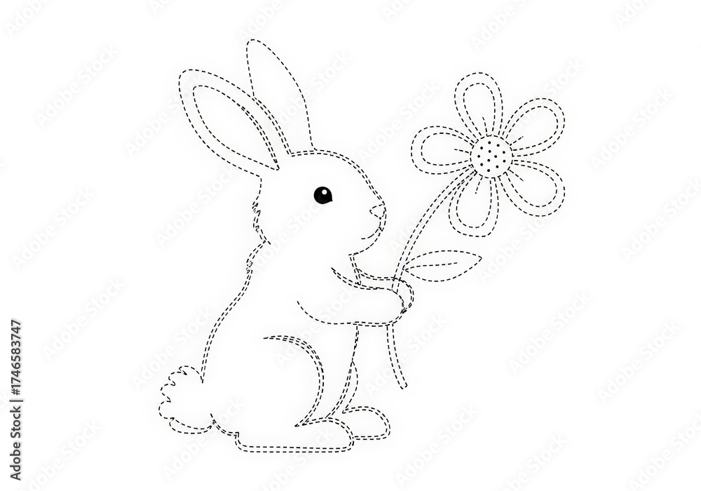 Fototapeta premium Cute Bunny Holding a Flower in a Simple Outline Illustration for Kids Coloring Pages
