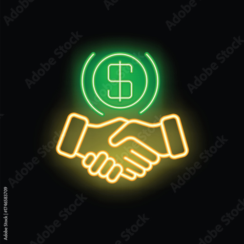 Neon sign of businessmen shaking hands under a bright glowing green dollar sign