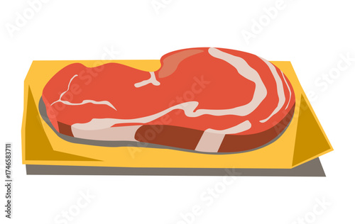 Raw beef steak vector on wood tray, fresh red meat illustration for butcher shop or food product design.