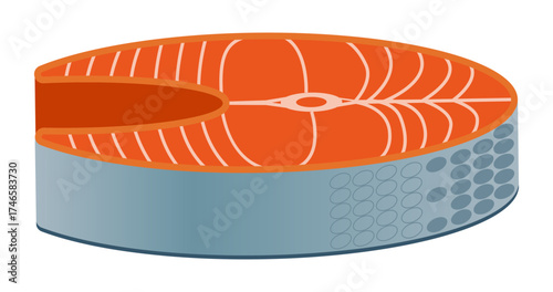 Salmon steak vector illustration with orange texture and silver skin, great for seafood and healthy food design.