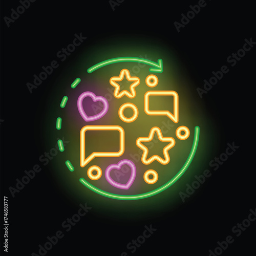Neon sign illuminating a customer feedback loop, featuring stars, hearts, and speech bubbles
