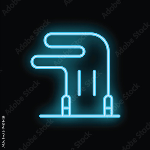 Blue neon sign of a hospital bed glowing on a black background