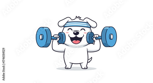 Cartoon dog character lifting dumbbells with a happy expression fitness illustration