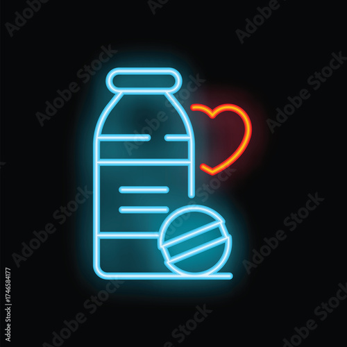 Glowing neon icon of a pill bottle with a heart, symbolizing medical care and pharmaceuticals