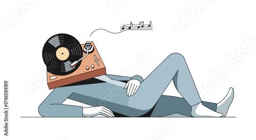 Conceptual artwork featuring a person with a record player head lying down listening to music