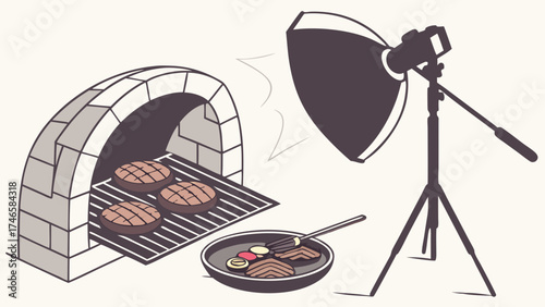 Food Photography Setup Grill Pan Studio Lighting Patties Vegetables Illustration.