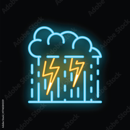 Glowing neon line storm icon isolated on black background. Thunderstorm with lightnings and rain. Vector illustration
