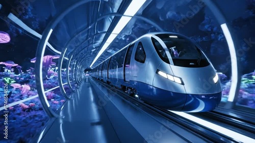 Futuristic high-speed train traveling through an illuminated underwater tunnel with glowing alien-like plants.