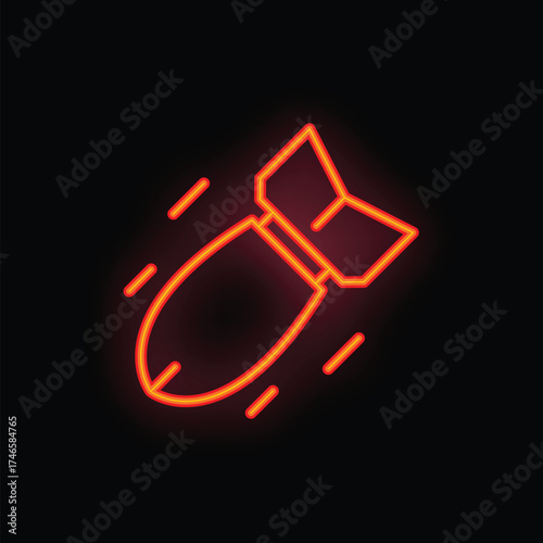 Neon sign style illustration of a bomb falling down, depicted in bright orange and red hues against a dark background, with motion lines suggesting its rapid descent